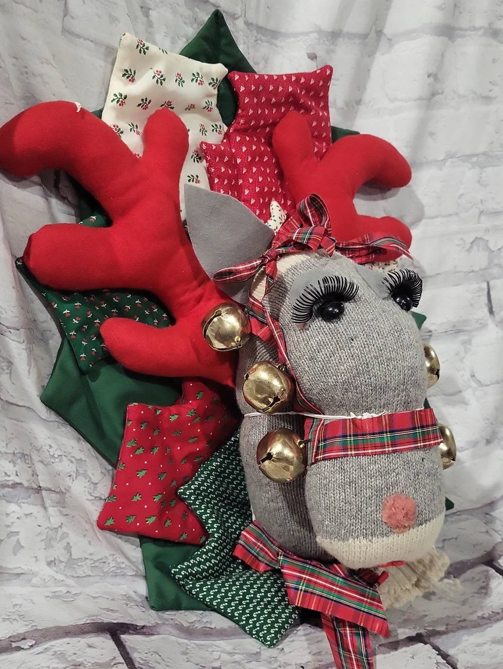 Handmade Holiday Reindeer Wreath - Red & Green